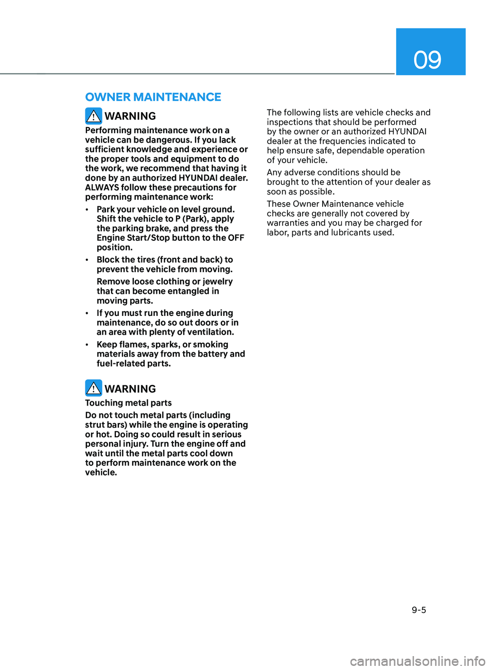 HYUNDAI SANTA FE CALLIGRAPHY 2021  Owners Manual 09
9-5
 WARNING
Performing maintenance work on a 
vehicle can be dangerous. If you lack 
sufficient knowledge and experience or 
the proper tools and equipment to do 
the work, we recommend that havin
