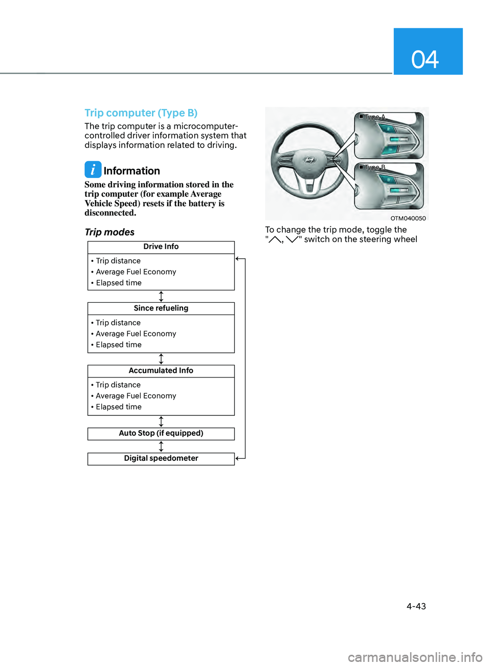 HYUNDAI SANTA FE LIMITED 2021  Owners Manual 04
4-43
Trip computer (Type B)
The trip computer is a microcomputer-
controlled driver information system that 
displays information related to driving.
 Information
Some driving information stored in
