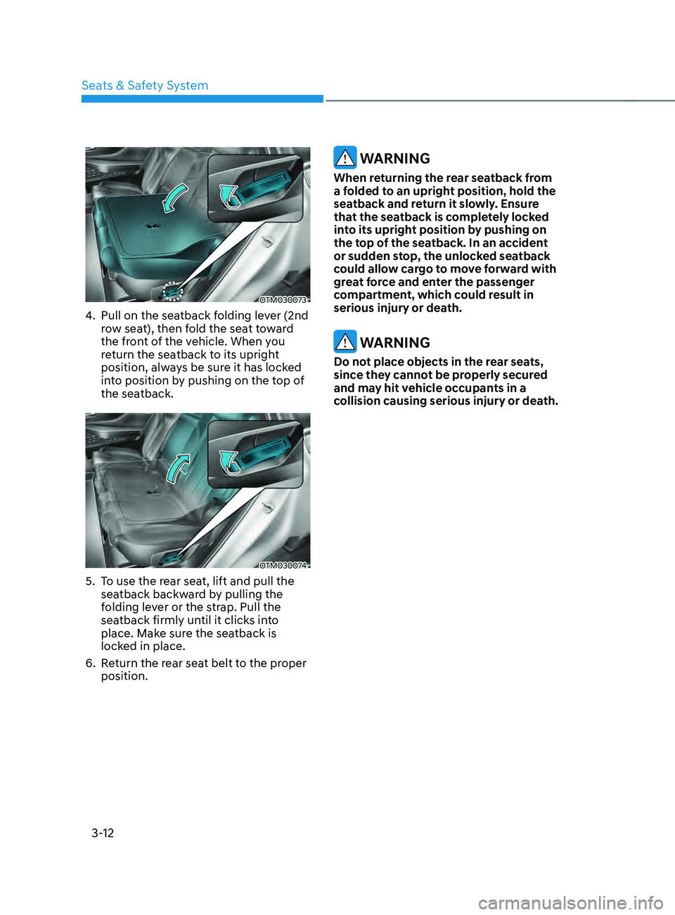 HYUNDAI SANTA FE LIMITED 2021 Owners Manual Seats & Safety System
3-12
OTM030073
4. Pull on the seatback folding lever (2nd
row seat), then fold the seat toward
the front of the vehicle. When you
return the seatback to its upright
position, HYUNDAI SANTA FE LIMITED 2021 Owners Manual Seats & Safety System
3-12
OTM030073
4. Pull on the seatback folding lever (2nd
row seat), then fold the seat toward
the front of the vehicle. When you
return the seatback to its upright
position,