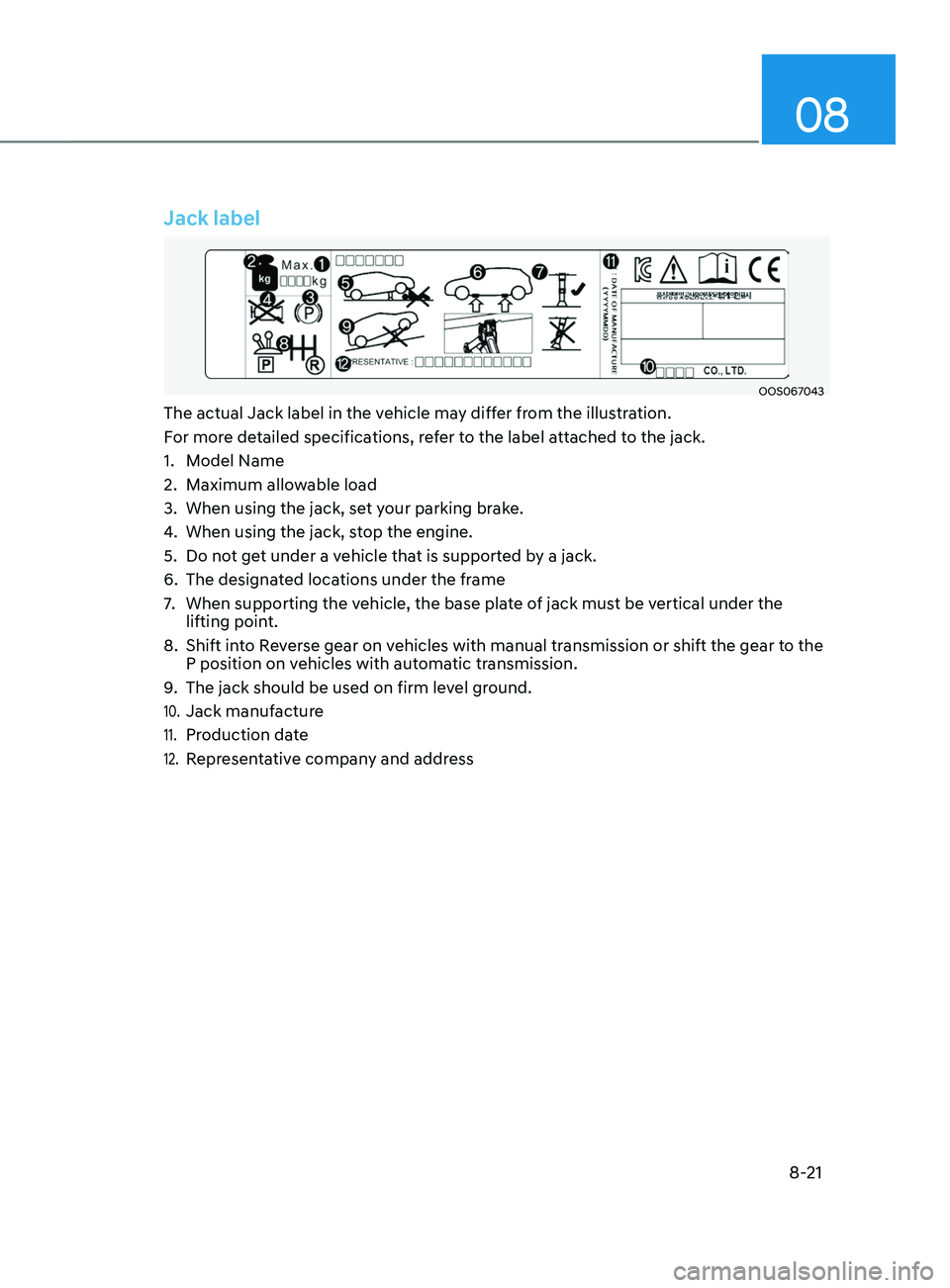 HYUNDAI SANTA FE LIMITED 2021  Owners Manual 08
8-21
Jack label
OOS067043
The actual Jack label in the vehicle may differ from the illustration.
For more detailed specifications, refer to the label attached to the jack.
1.
 Model Name
2.
 Maximu