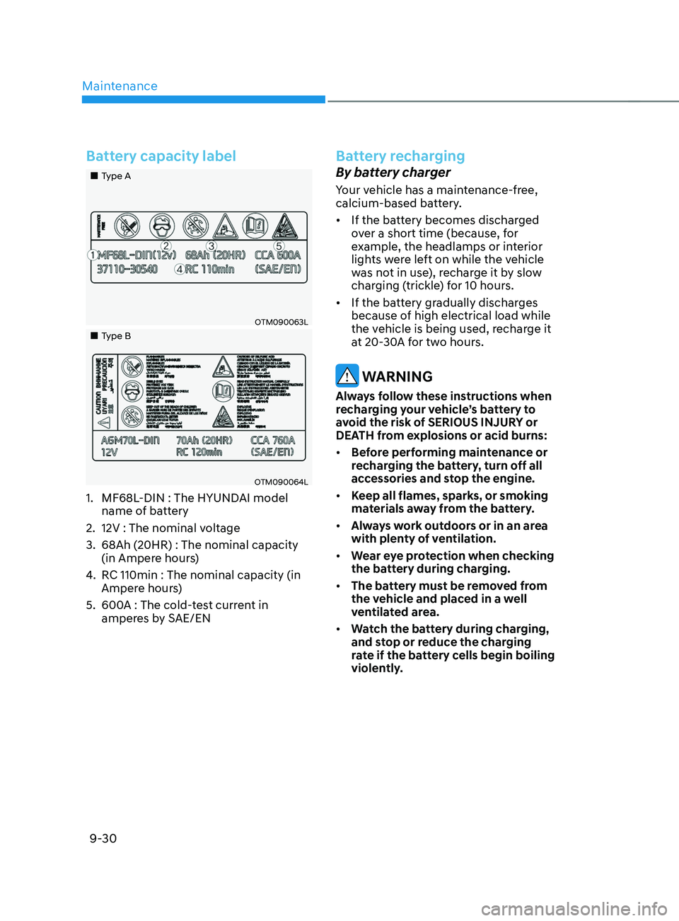 HYUNDAI SANTA FE LIMITED 2021  Owners Manual Maintenance
9-30
Battery capacity label
„„Type A
OTM090063L
„„Type B
OTM090064L
1. MF68L-DIN : The HYUNDAI model 
name of battery
2.
 12V : The nominal voltage
3.
 68Ah (20HR) : Th