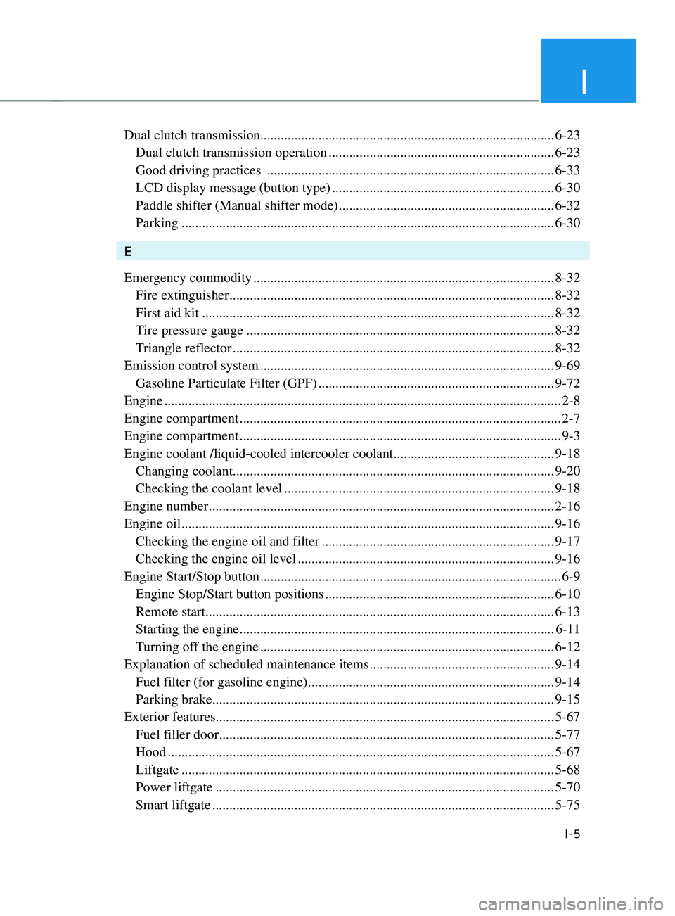 HYUNDAI SANTA FE LIMITED 2021  Owners Manual I
I-5
Dual clutch transmission........................................................................\
.............. 6-23
 Dual clutch transmission operation ........................................