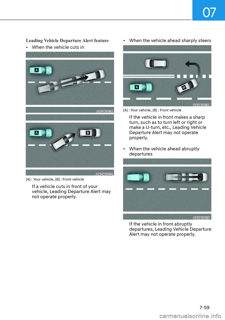HYUNDAI SANTA FE HYBRID 2022  Owners Manual 07
7-59
Leading Vehicle Departure Alert feature
[�When the vehicle cuts in
OADAS021
OADAS022
[A] : Your vehicle, [B] : Front vehicle
If a vehicle cuts in front of your  
vehicle, Leading Departure A