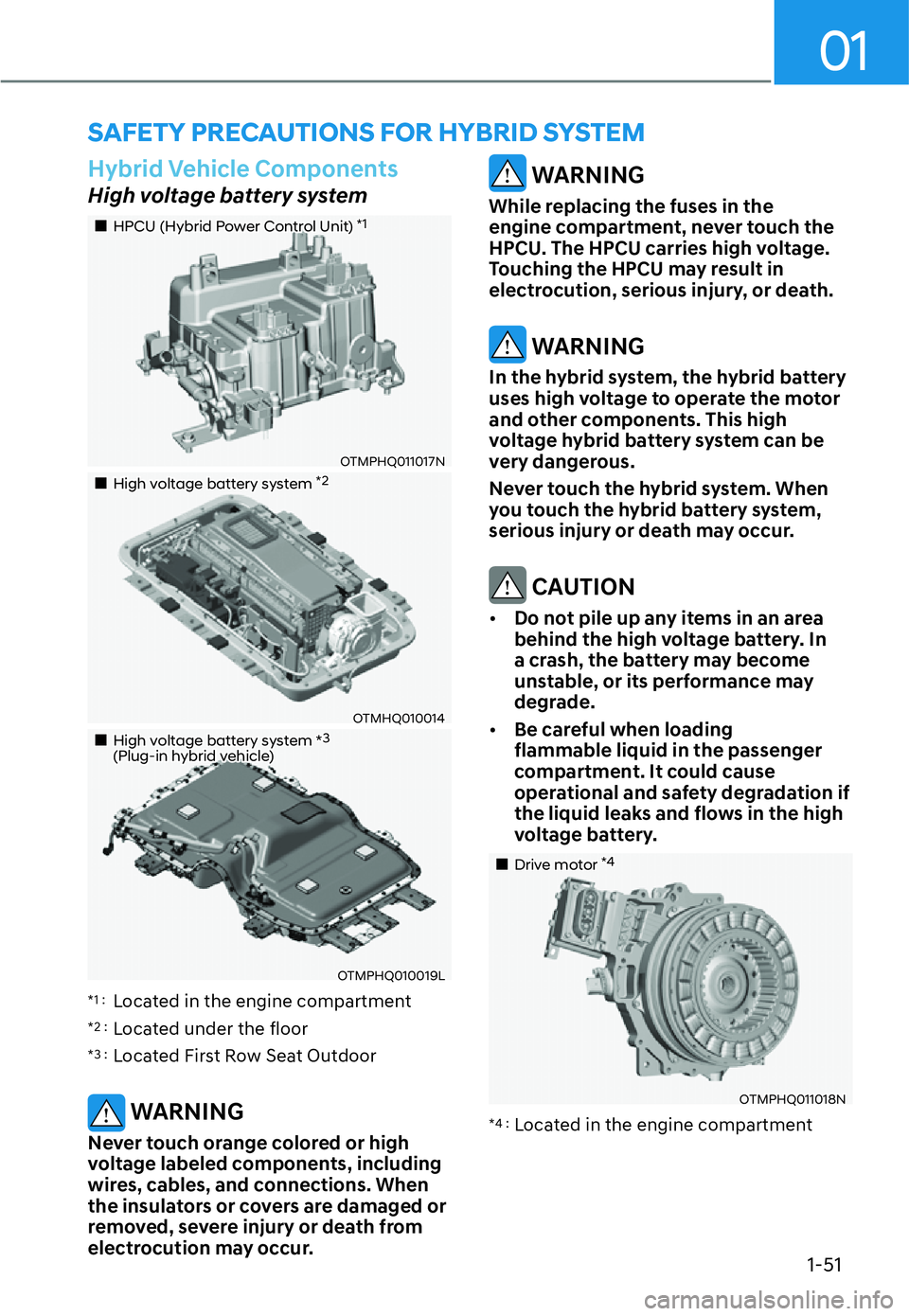 HYUNDAI SANTA FE HYBRID 2022  Owners Manual 01
1-51
SAFETY PRECAUTIONS FOR HYBRID SYSTEM
Hybrid Vehicle Components
High voltage battery system
��„HPCU (Hybrid Power Control Unit) *1
OTMPHQ011017N
��„High voltage battery system *2
OTMHQ010