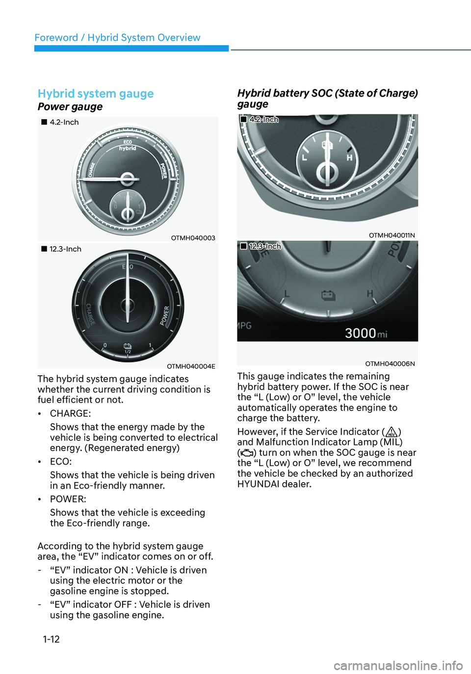 HYUNDAI SANTA FE HYBRID 2021 Owners Manual Foreword / Hybrid System Overview
1-12
Hybrid system gauge
Power gauge
4.2-Inch
OTMH040003
12.3-Inch
OTMH040004E
The hybrid system gauge indicates
whether the current driving HYUNDAI SANTA FE HYBRID 2021 Owners Manual Foreword / Hybrid System Overview
1-12
Hybrid system gauge
Power gauge
4.2-Inch
OTMH040003
12.3-Inch
OTMH040004E
The hybrid system gauge indicates
whether the current driving