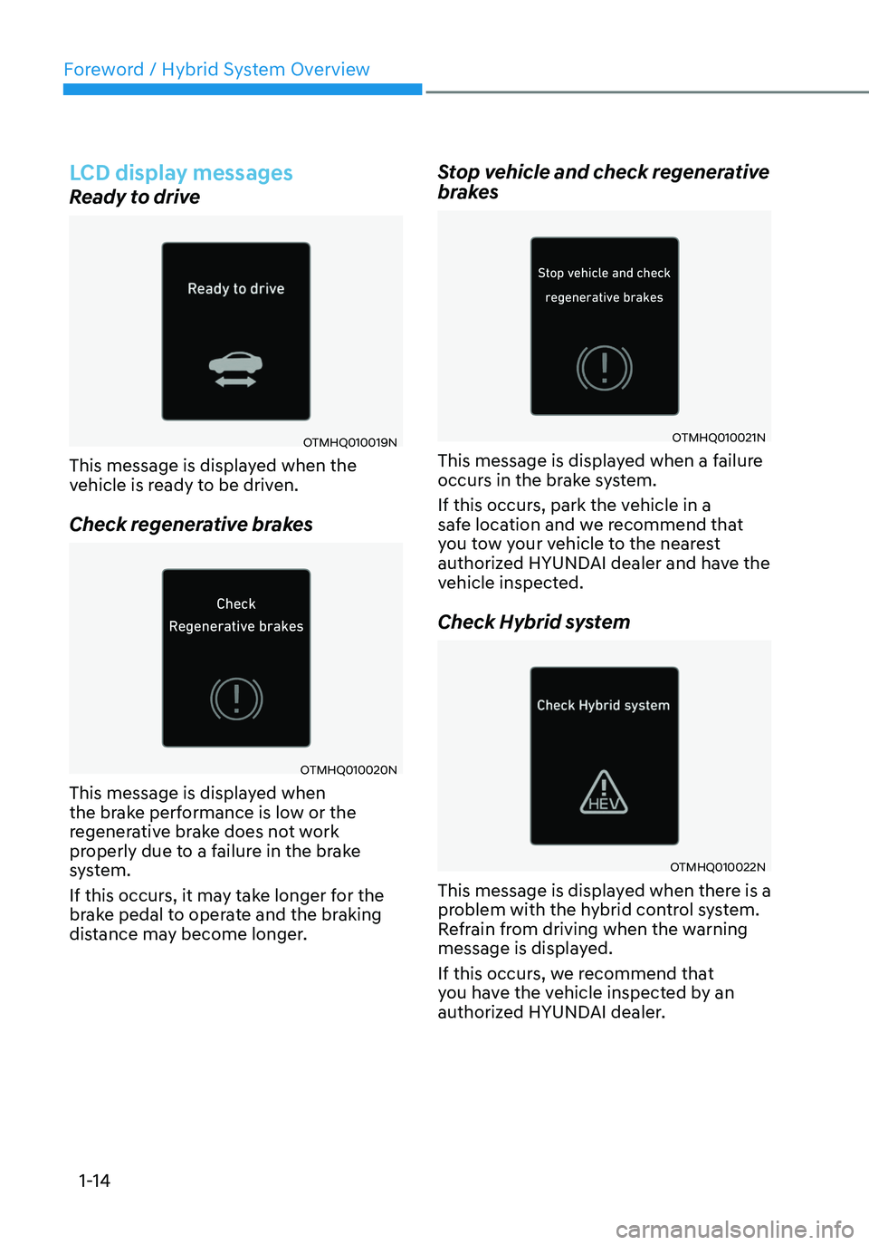 HYUNDAI SANTA FE HYBRID 2021 Owners Manual Foreword / Hybrid System Overview
1-14
LCD display messages
Ready to drive
OTMHQ010019N
This message is displayed when the
vehicle is ready to be driven.
Check regenerative brakes
OTMHQ010020N
This m HYUNDAI SANTA FE HYBRID 2021 Owners Manual Foreword / Hybrid System Overview
1-14
LCD display messages
Ready to drive
OTMHQ010019N
This message is displayed when the
vehicle is ready to be driven.
Check regenerative brakes
OTMHQ010020N
This m