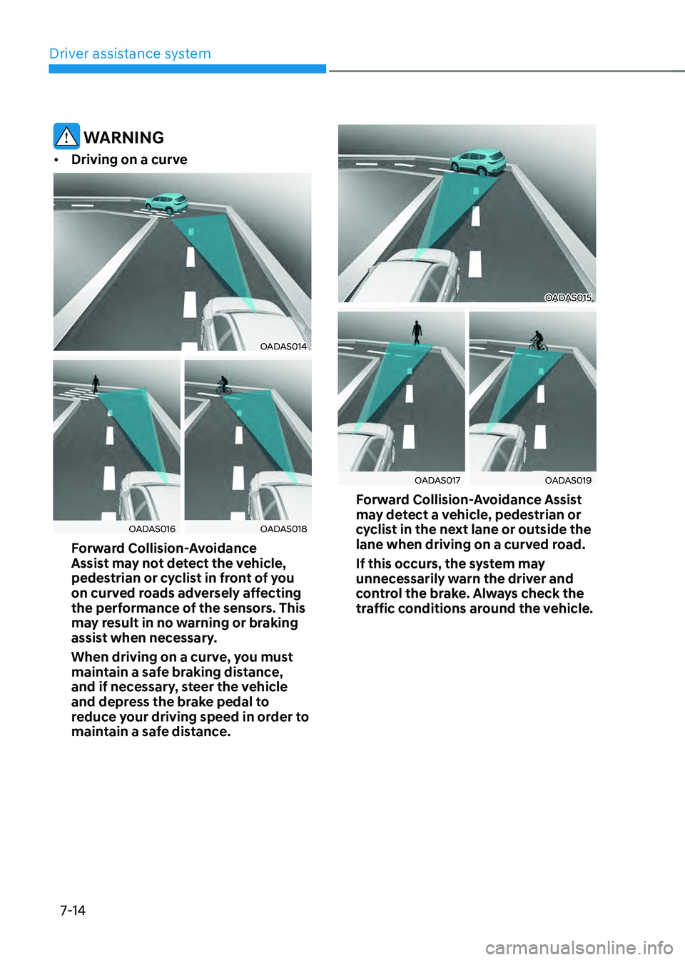 HYUNDAI SANTA FE HYBRID 2021  Owners Manual Driver assistance system
7-14
 WARNING
•	Driving on a curve
OADAS014
OADAS016OADAS018
Forward Collision-Avoidance 
Assist may not detect the vehicle, 
pedestrian or cyclist in front of you 
on curve