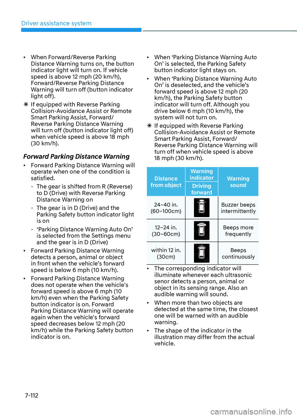 HYUNDAI SANTA FE HYBRID 2021 Owners Manual Driver assistance system
7-112
• When Forward/Reverse Parking
Distance Warning turns on, the button
indicator light will turn on. If vehicle
speed is above 12 mph (20 km/h),
Forward/Reverse Park HYUNDAI SANTA FE HYBRID 2021 Owners Manual Driver assistance system
7-112
• When Forward/Reverse Parking
Distance Warning turns on, the button
indicator light will turn on. If vehicle
speed is above 12 mph (20 km/h),
Forward/Reverse Park