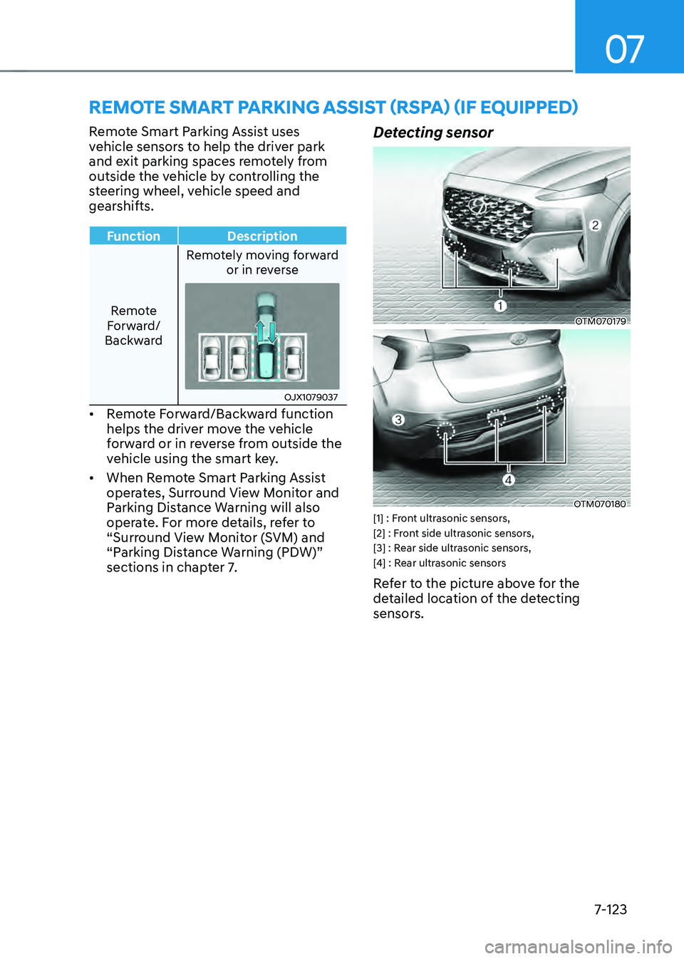 HYUNDAI SANTA FE HYBRID 2021  Owners Manual 07
7-123
Remote Smart Parking Assist uses 
vehicle sensors to help the driver park 
and exit parking spaces remotely from 
outside the vehicle by controlling the 
steering wheel, vehicle speed and 
ge