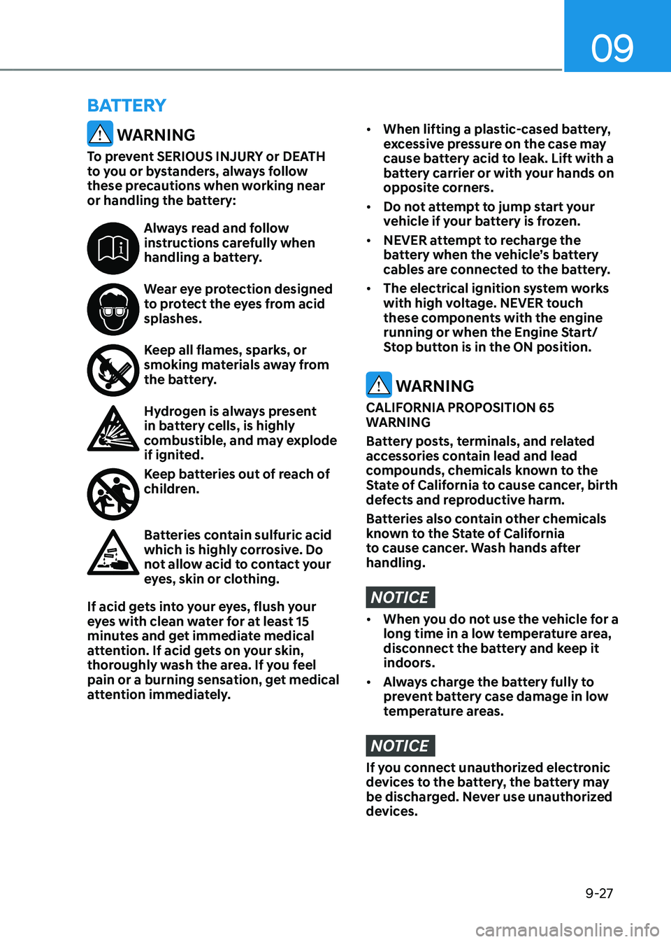 HYUNDAI SANTA FE HYBRID 2021 Owners Manual 09
9-27
BATTERY
WARNING
To prevent SERIOUS INJURY or DEATH
to you or bystanders, always follow
these precautions when working near
or handling the battery:
Always read and follow instructions care HYUNDAI SANTA FE HYBRID 2021 Owners Manual 09
9-27
BATTERY
WARNING
To prevent SERIOUS INJURY or DEATH
to you or bystanders, always follow
these precautions when working near
or handling the battery:
Always read and follow instructions care