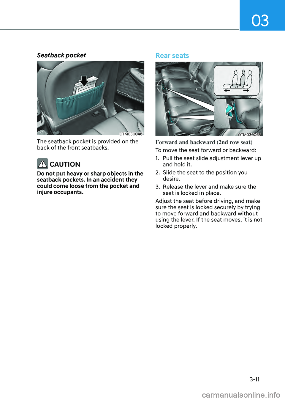 HYUNDAI SANTA FE HYBRID 2021  Owners Manual 03
3-11
Seatback pocket
OTM030046
The seatback pocket is provided on the 
back of the front seatbacks.
 CAUTION
Do not put heavy or sharp objects in the 
seatback pockets. In an accident they 
could c