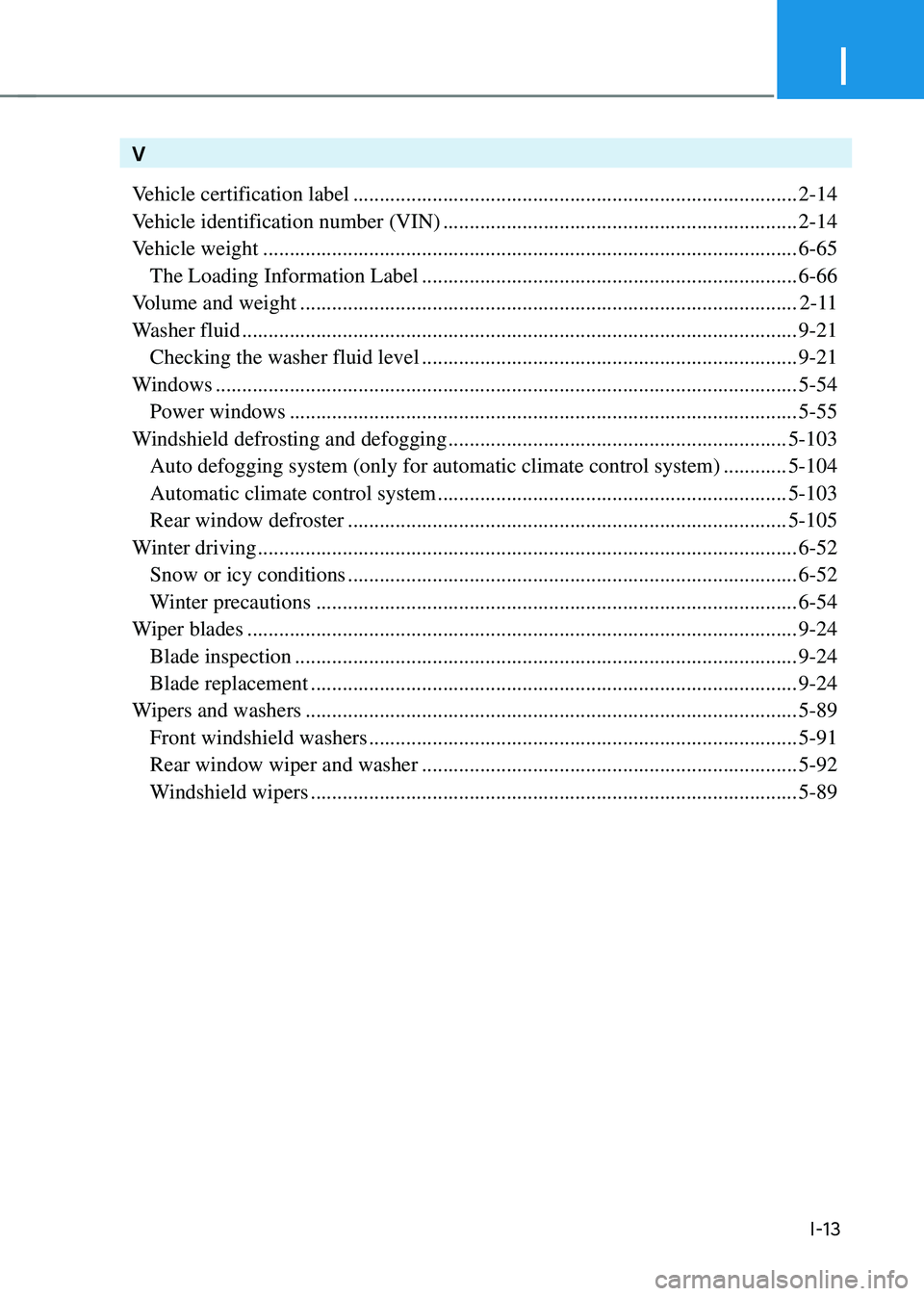 HYUNDAI SANTA FE HYBRID 2021 Owners Manual I
I-13
V
Vehicle certification label
........................................................................\
............2-14
Vehicle identification number (VIN)
.................................. HYUNDAI SANTA FE HYBRID 2021 Owners Manual I
I-13
V
Vehicle certification label
........................................................................\
............2-14
Vehicle identification number (VIN)
..................................