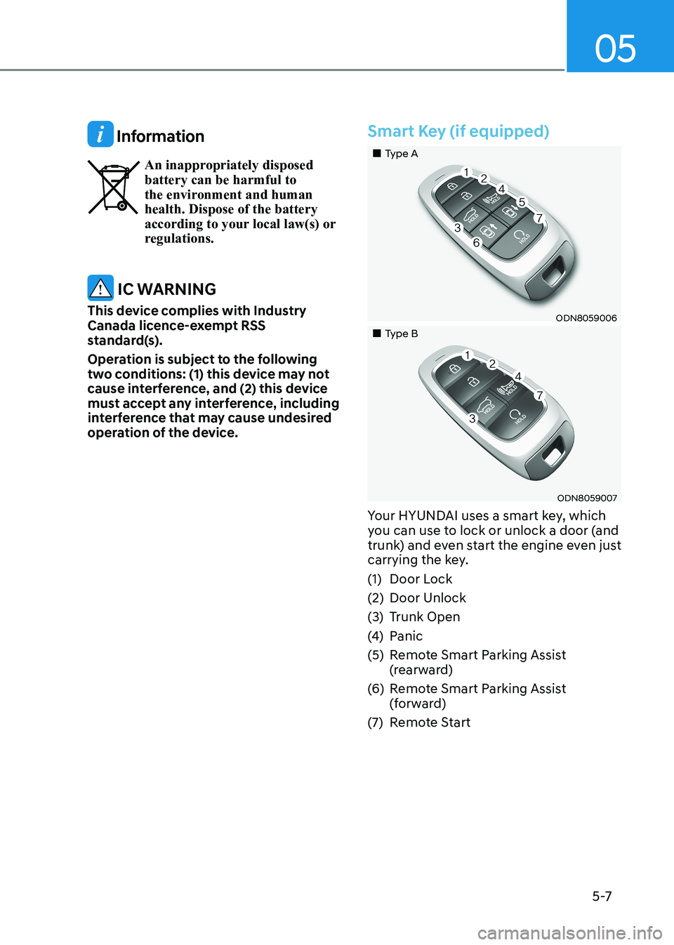 HYUNDAI SONATA 2023  Owners Manual 05
5 -7
 Information
An inappropriately disposed   battery can be harmful to 
the environment and human health. Dispose of the battery 
according to your local law(s) or 
regulations.
 IC WARNING
This