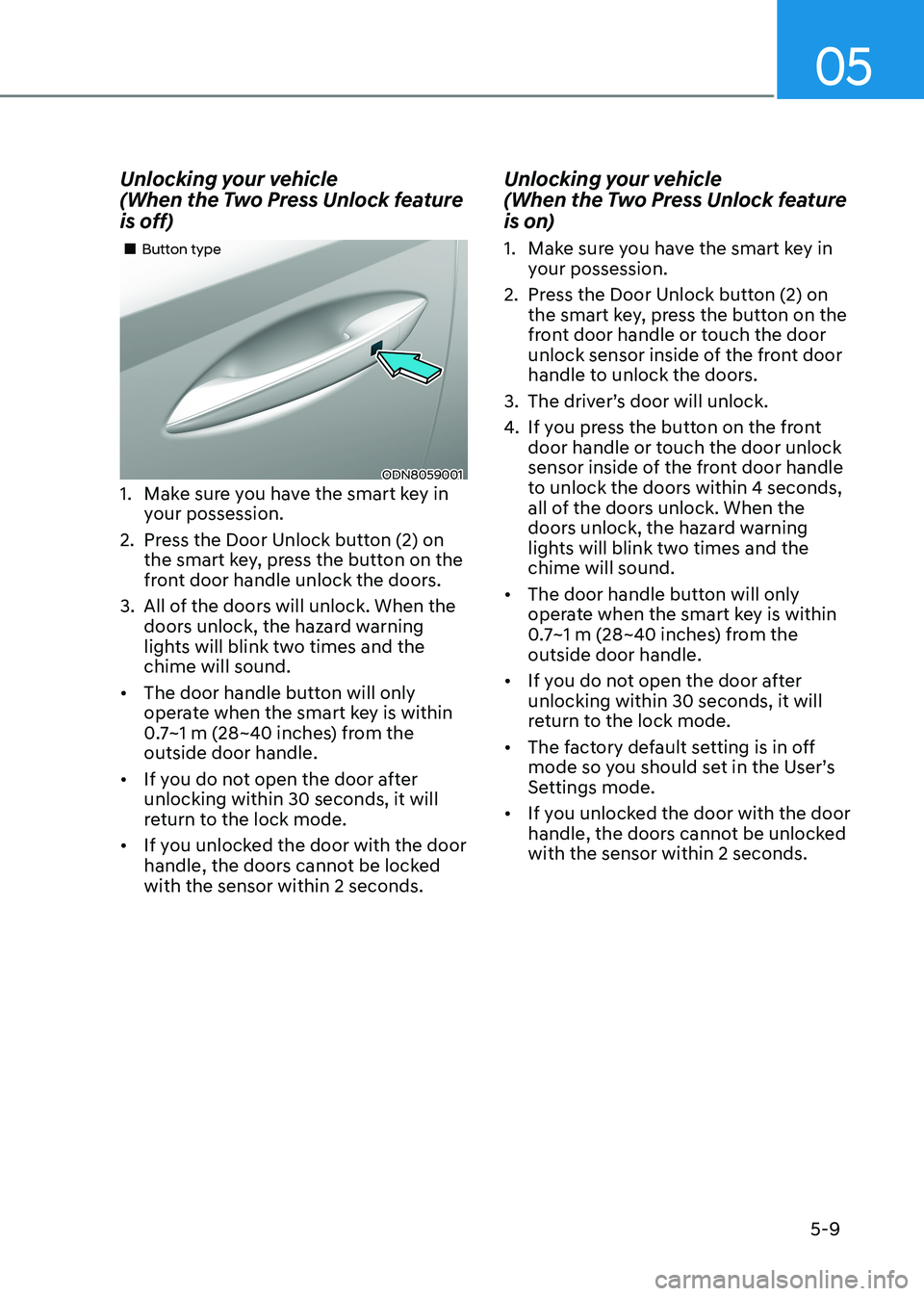 HYUNDAI SONATA 2023  Owners Manual 05
5-9
Unlocking your vehicle  
(When the Two Press Unlock feature 
is off)
ODN8059001
„
„Button type
1.  Make sure you have the smart key in  your possession.
2.  Press the Door Unlock butt