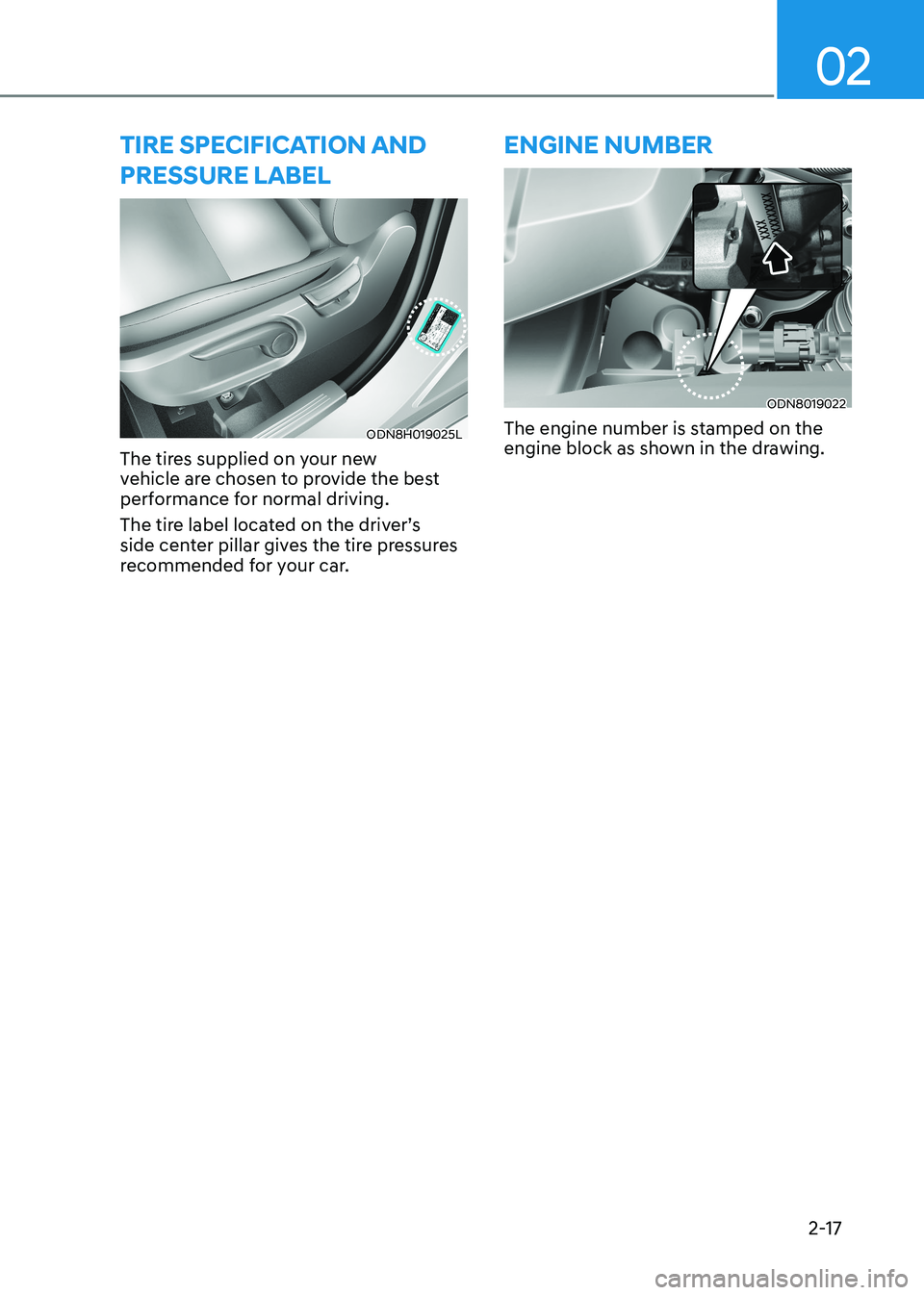 HYUNDAI SONATA 2023  Owners Manual 02
2-17
tirE sPECifiCation anD  PrEssurE laBEl
ODN8H019025L
The tires supplied on your new  
vehicle are chosen to provide the best 
performance for normal driving. 
The tire label located on the driv