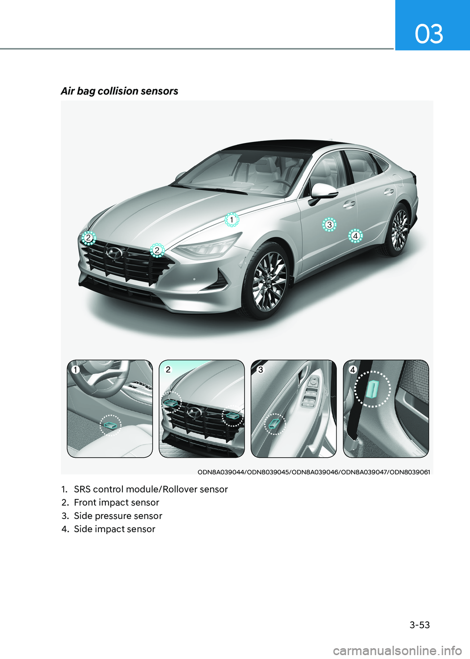 HYUNDAI SONATA 2023  Owners Manual 3-53
03
Air bag collision sensors
ODN8A039044/ODN8039045/ODN8A039046/ODN8A039047/ODN8039061
1.  SRS control module/Rollover sensor 
2.  Front impact sensor
3.  Side pressure sensor
4.  Side impact sen