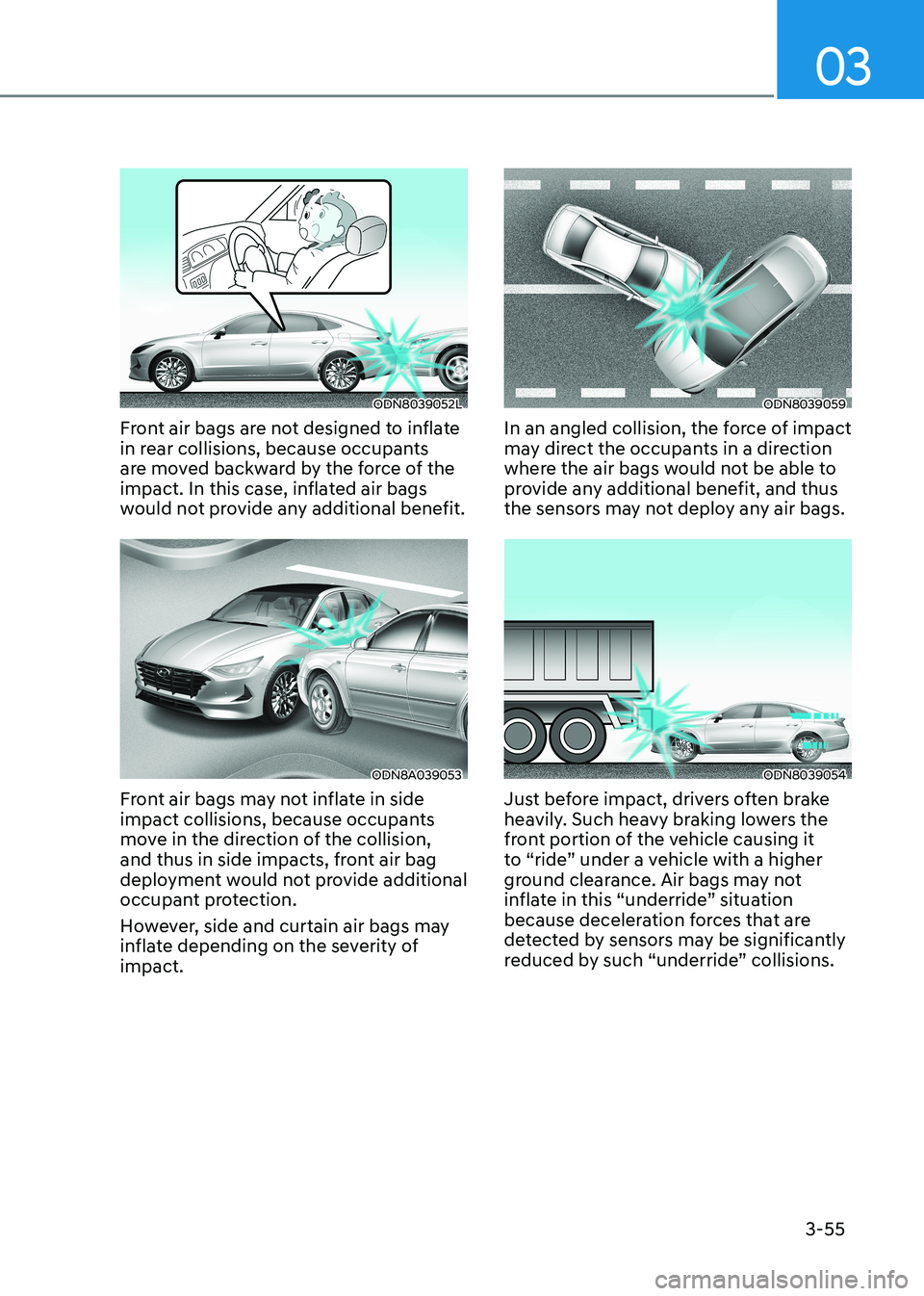 HYUNDAI SONATA 2023 Owners Manual 03
3-55
ODN8039052L
Front air bags are not designed to inflate
in rear collisions, because occupants
are moved backward by the force of the
impact. In this case, inflated air bags
would not provi HYUNDAI SONATA 2023 Owners Manual 03
3-55
ODN8039052L
Front air bags are not designed to inflate
in rear collisions, because occupants
are moved backward by the force of the
impact. In this case, inflated air bags
would not provi