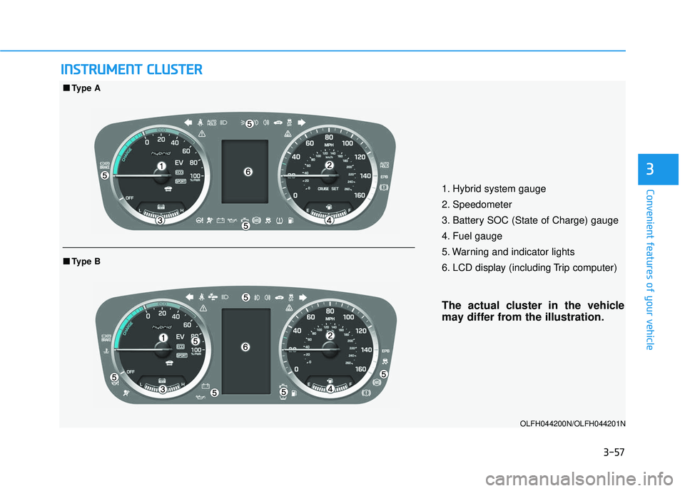 HYUNDAI SONATA LIMITED 2016  Owners Manual 3-57
Convenient features of your vehicle
3
I
IN
N S
ST
T R
R U
U M
M E
EN
N T
T 
 C
C L
LU
U S
ST
T E
ER
R
1. Hybrid system gauge
2. Speedometer
3. Battery SOC (State of Charge) gauge
4. Fuel gauge
5.