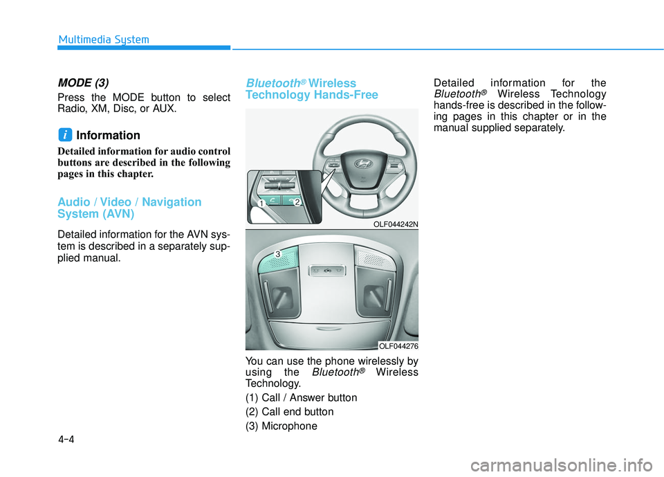 HYUNDAI SONATA LIMITED 2016  Owners Manual 4-4
MODE (3)
Press the MODE button to select
Radio, XM, Disc, or AUX.
Information 
Detailed information for audio control
buttons are described in the following
pages in this chapter.
Audio / Video / 