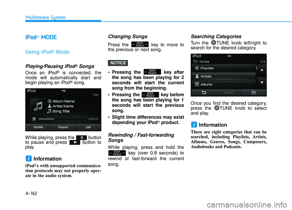 HYUNDAI SONATA LIMITED 2016  Owners Manual 4-162
Multimedia System
i
iPPo od
d®M
M O
OD
DE
E
Using iPod®Mode
Playing/Pausing iPod®Songs
Once an iPod®is connected, the
mode will automatically start and
begin playing an iPod
®song.
While pl