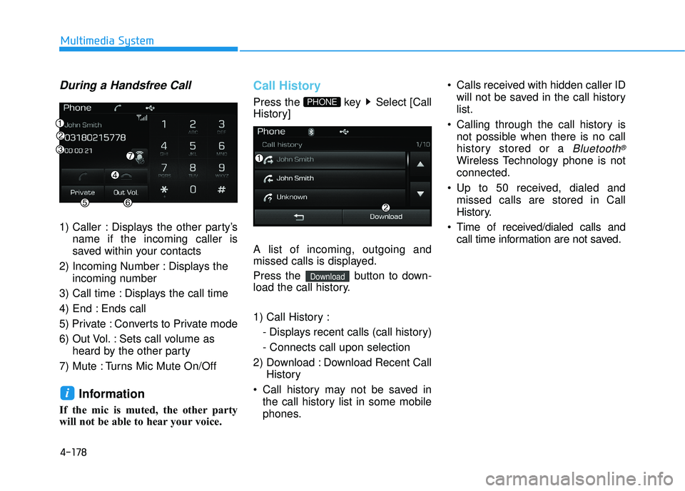 HYUNDAI SONATA LIMITED 2016  Owners Manual 4-178
Multimedia System
During a Handsfree Call
1) Caller : Displays the other party’sname if the incoming caller is
saved within your contacts
2) Incoming Number : Displays the  incoming number
3) 