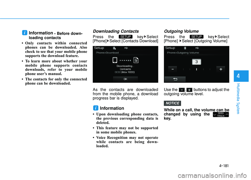 HYUNDAI SONATA LIMITED 2016  Owners Manual 4-181
Multimedia System
4
Information- Before down-
loading contacts 
• Only contacts within connected phones can be downloaded. Also
check to see that your mobile phone
supports the download featur