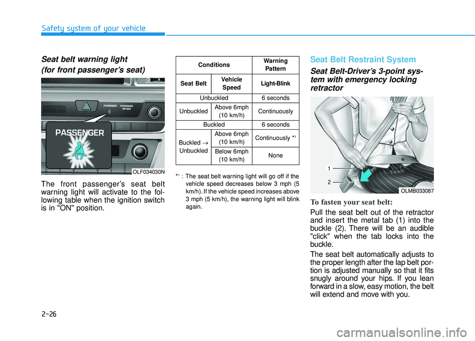 HYUNDAI SONATA LIMITED 2016 Owners Manual 2-26
Safety system of your vehicle
Seat belt warning light(for front passenger’s seat)
The front passenger’s seat belt
warning light will activate to the fol-
lowing table when the ignition switch HYUNDAI SONATA LIMITED 2016 Owners Manual 2-26
Safety system of your vehicle
Seat belt warning light(for front passenger’s seat)
The front passenger’s seat belt
warning light will activate to the fol-
lowing table when the ignition switch