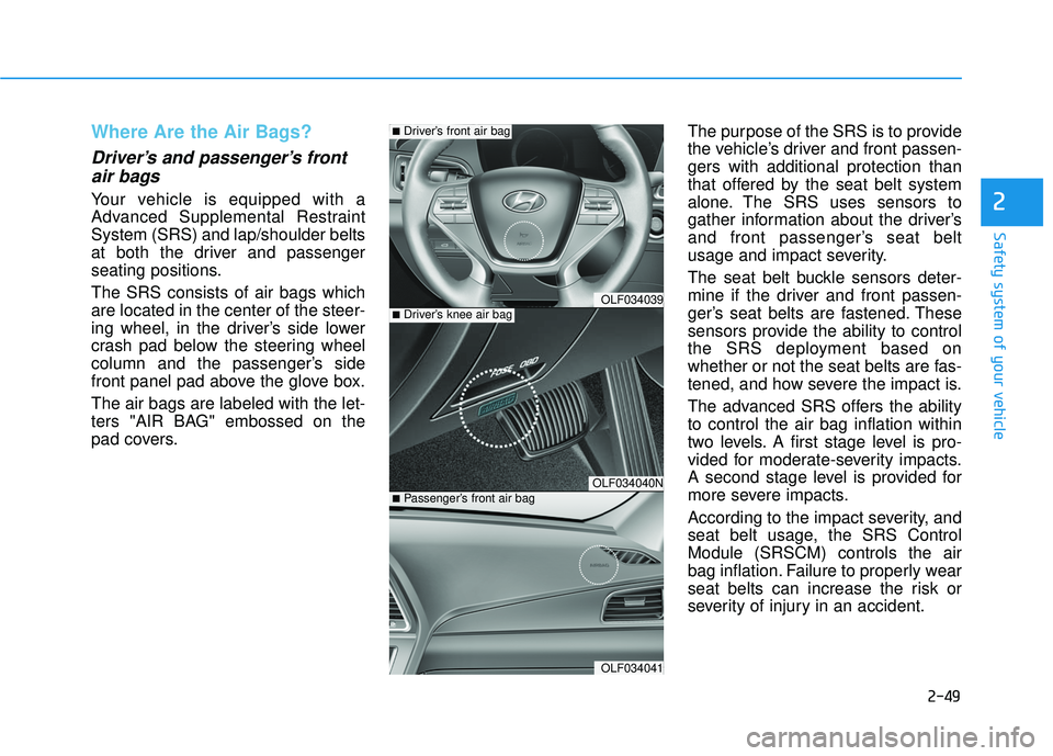 HYUNDAI SONATA LIMITED 2016  Owners Manual 2-49
Safety system of your vehicle
2
Where Are the Air Bags? 
Driver’s and passenger’s frontair bags 
Your vehicle is equipped with a
Advanced Supplemental Restraint
System (SRS) and lap/shoulder 