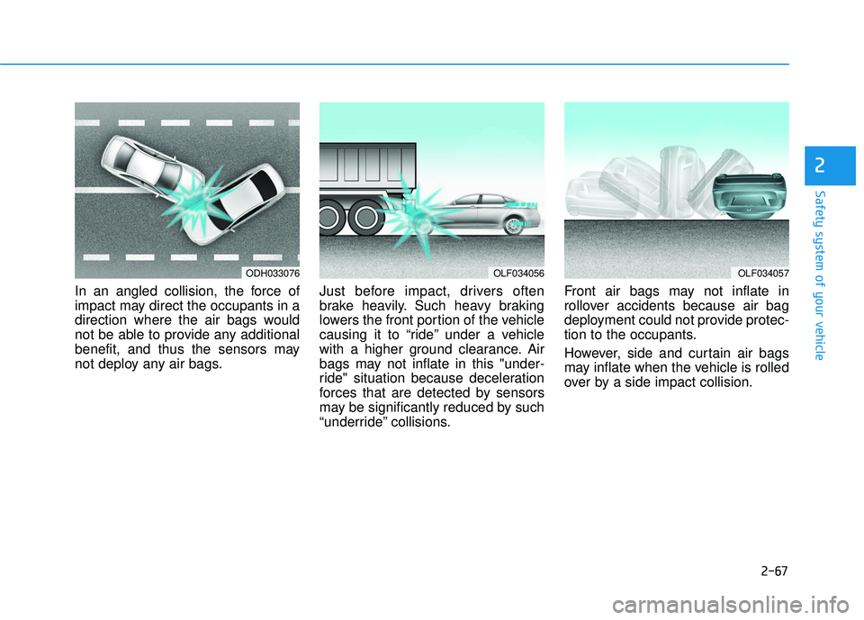 HYUNDAI SONATA LIMITED 2016  Owners Manual 2-67
Safety system of your vehicle
2
In an angled collision, the force of
impact may direct the occupants in a
direction where the air bags would
not be able to provide any additional
benefit, and thu