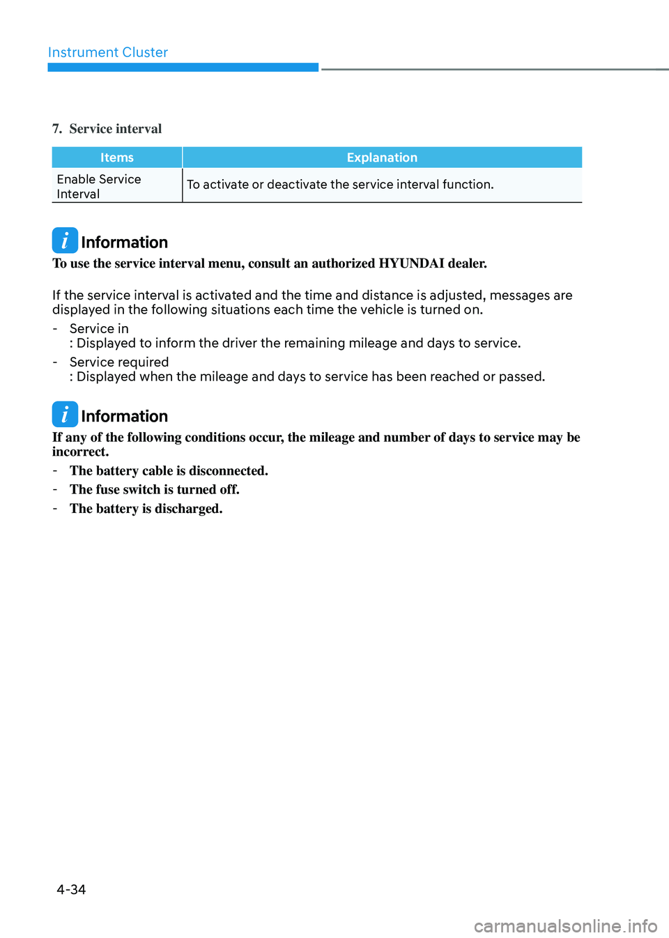 HYUNDAI SONATA HYBRID 2022  Owners Manual Instrument Cluster
4-34
7. Service interval
ItemsExplanation
Enable Service 
Interval To activate or deactivate the service interval function.
 Information
To use the service interval menu, consult an