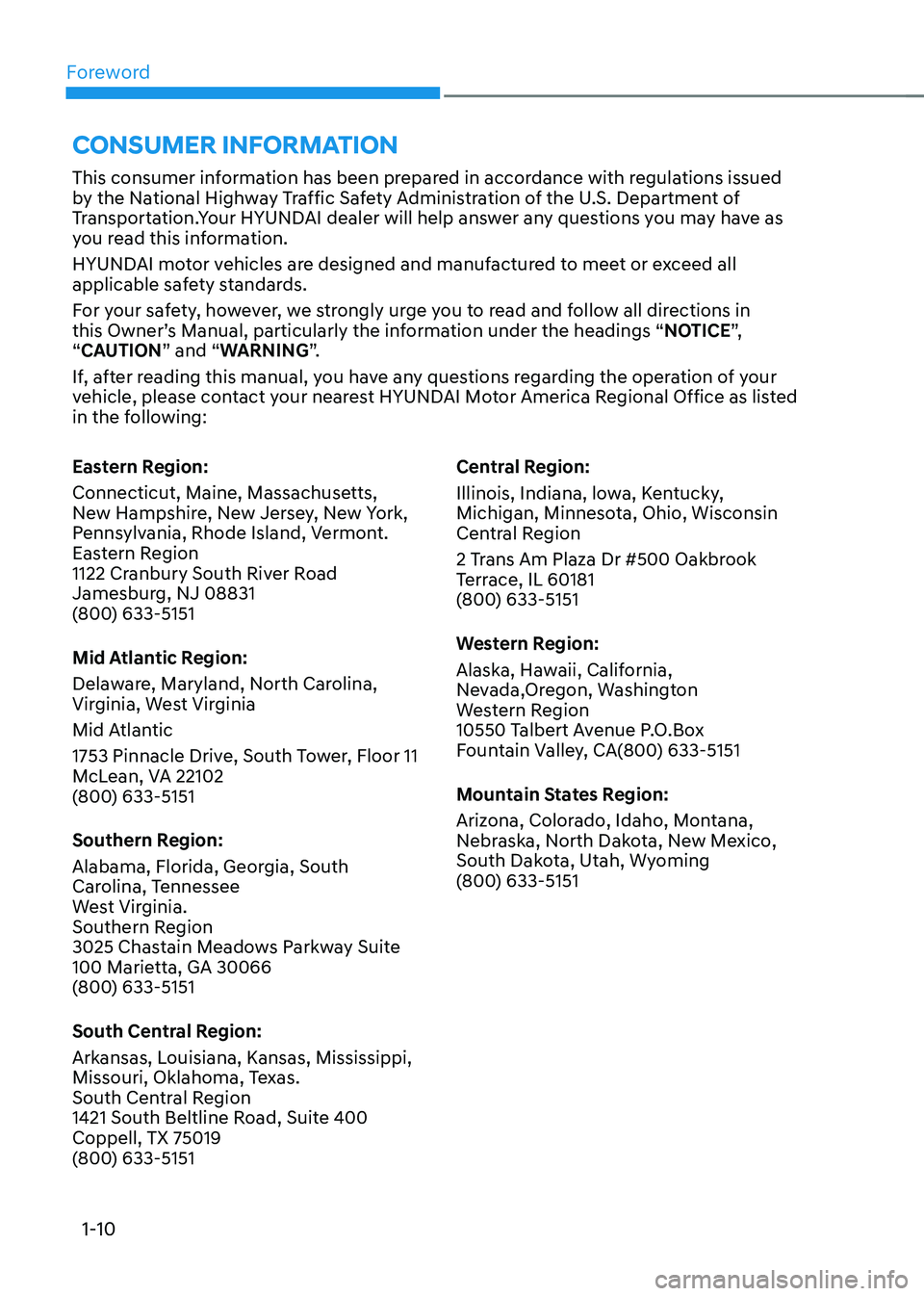HYUNDAI SONATA HYBRID 2022 Owners Manual Foreword
1-10
This consumer information has been prepared in accordance with regulations issued
by the National Highway Traffic Safety Administration of the U.S. Department of
Transportation.Your HY HYUNDAI SONATA HYBRID 2022 Owners Manual Foreword
1-10
This consumer information has been prepared in accordance with regulations issued
by the National Highway Traffic Safety Administration of the U.S. Department of
Transportation.Your HY