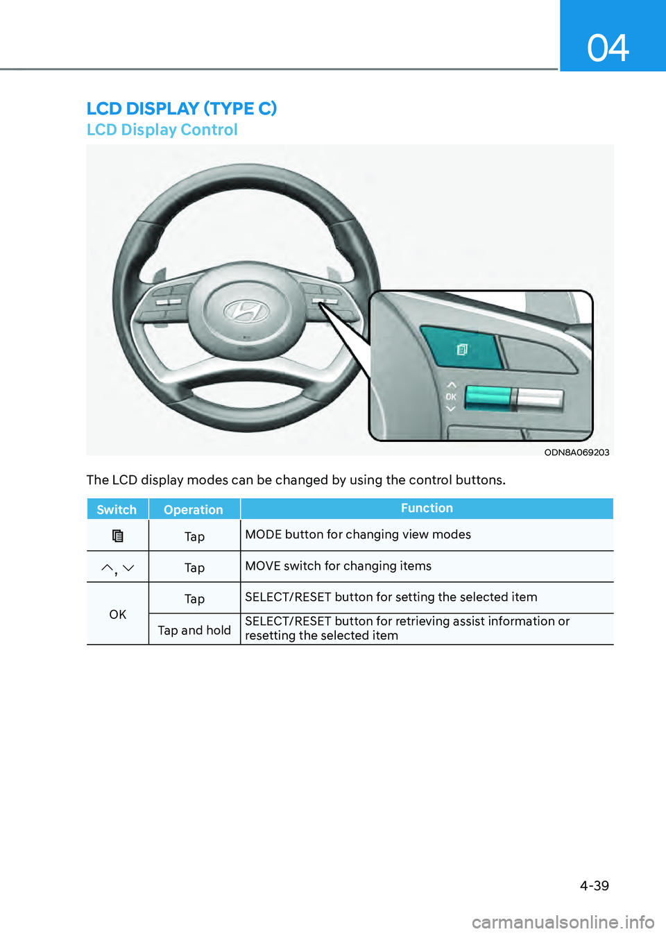 HYUNDAI SONATA HYBRID 2022  Owners Manual 4-39
04
LCD Display Control
ODN8A069203
LCD DISPLAY (TYPE C)
The LCD display modes can be changed by using the control buttons.
SwitchOperation Function
Ta pMODE button for changing view modes
, Ta pM