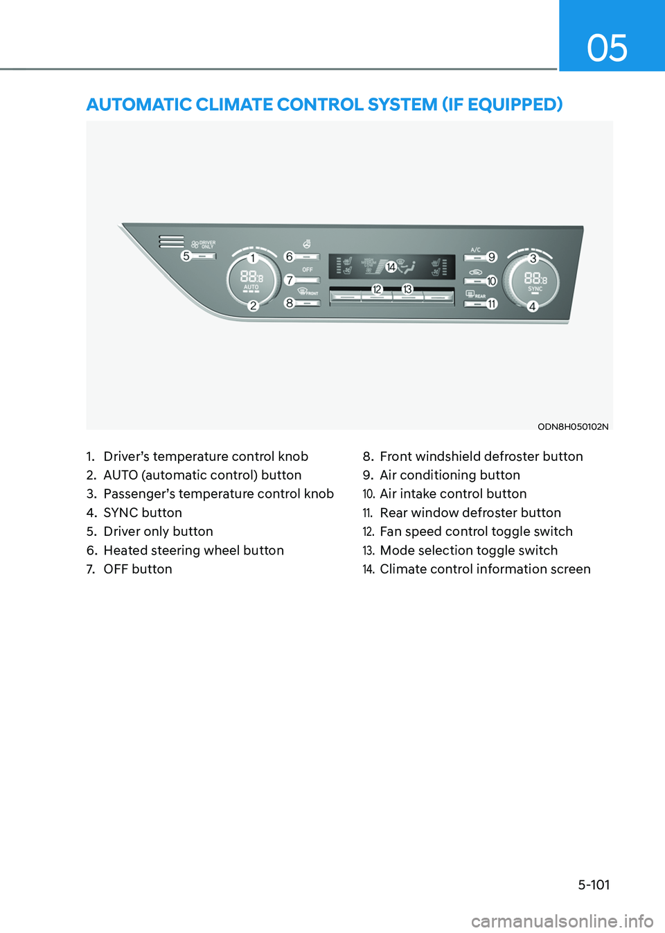 HYUNDAI SONATA HYBRID 2022  Owners Manual 5-101
05
1. Driver’s temperature control knob
2. AUTO (automatic control) button
3. Passenger’s temperature control knob
4. SYNC button
5. Driver only button
6. Heated steering wheel button
7. OFF