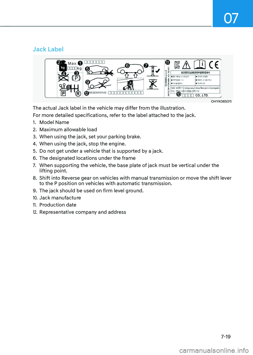 HYUNDAI SONATA HYBRID 2022  Owners Manual 07
7-19
Jack Label
OHYK065011
The actual Jack label in the vehicle may differ from the illustration.
For more detailed specifications, refer to the label attached to the jack.
1. Model Name
2. Maximum