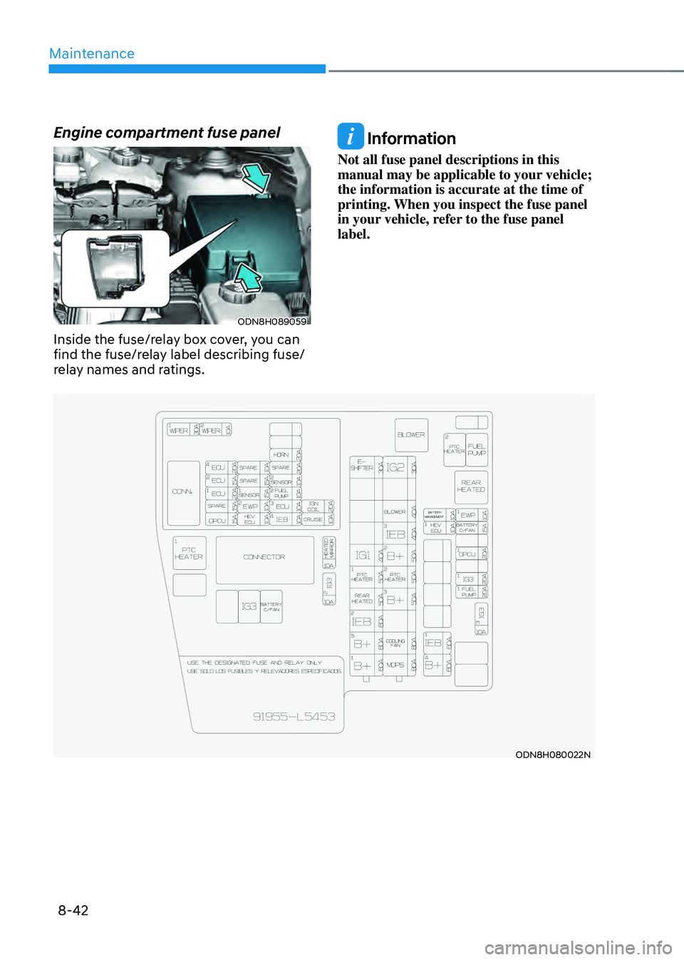 HYUNDAI SONATA HYBRID 2022  Owners Manual Maintenance
8-42
Engine compartment fuse panel
ODN8H089059
Inside the fuse/relay box cover, you can 
find the fuse/relay label describing fuse/
relay names and ratings.
 Information
Not all fuse panel