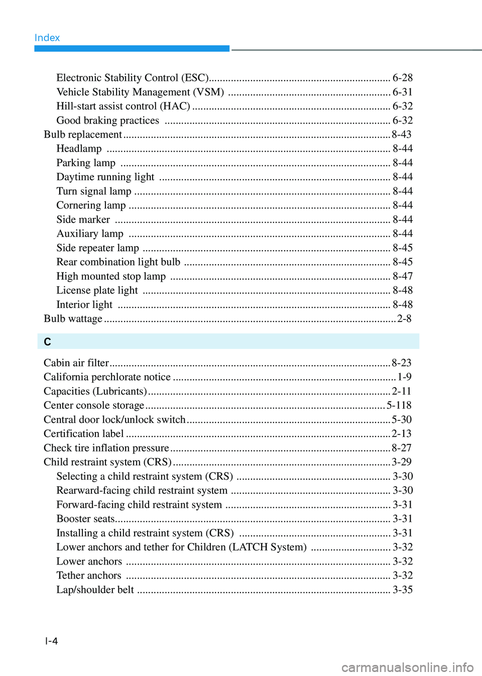 HYUNDAI SONATA HYBRID 2022  Owners Manual Index
I-4
Electronic Stability Control (ESC).................................................................. 6-28
Vehicle Stability Management (VSM) 
 ...............................................