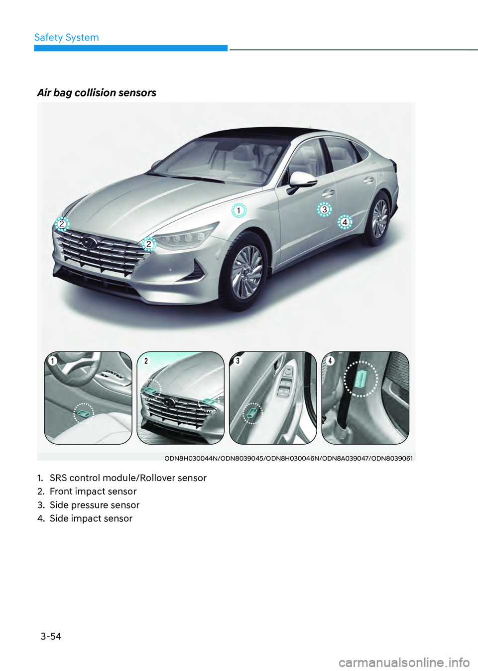 HYUNDAI SONATA HYBRID 2022  Owners Manual 3-54
Safety System
Air bag collision sensors
ODN8H030044N/ODN8039045/ODN8H030046N/ODN8A039047/ODN8039061
1. SRS control module/Rollover sensor
2. Front impact sensor
3. Side pressure sensor
4. Side im