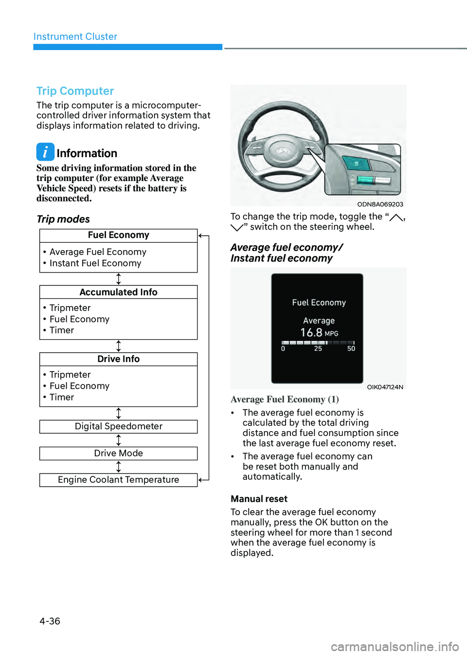 HYUNDAI SONATA HYBRID 2021  Owners Manual Instrument Cluster
4-36
Trip Computer
The trip computer is a microcomputer-
controlled driver information system that 
displays information related to driving.
 Information
Some driving information st