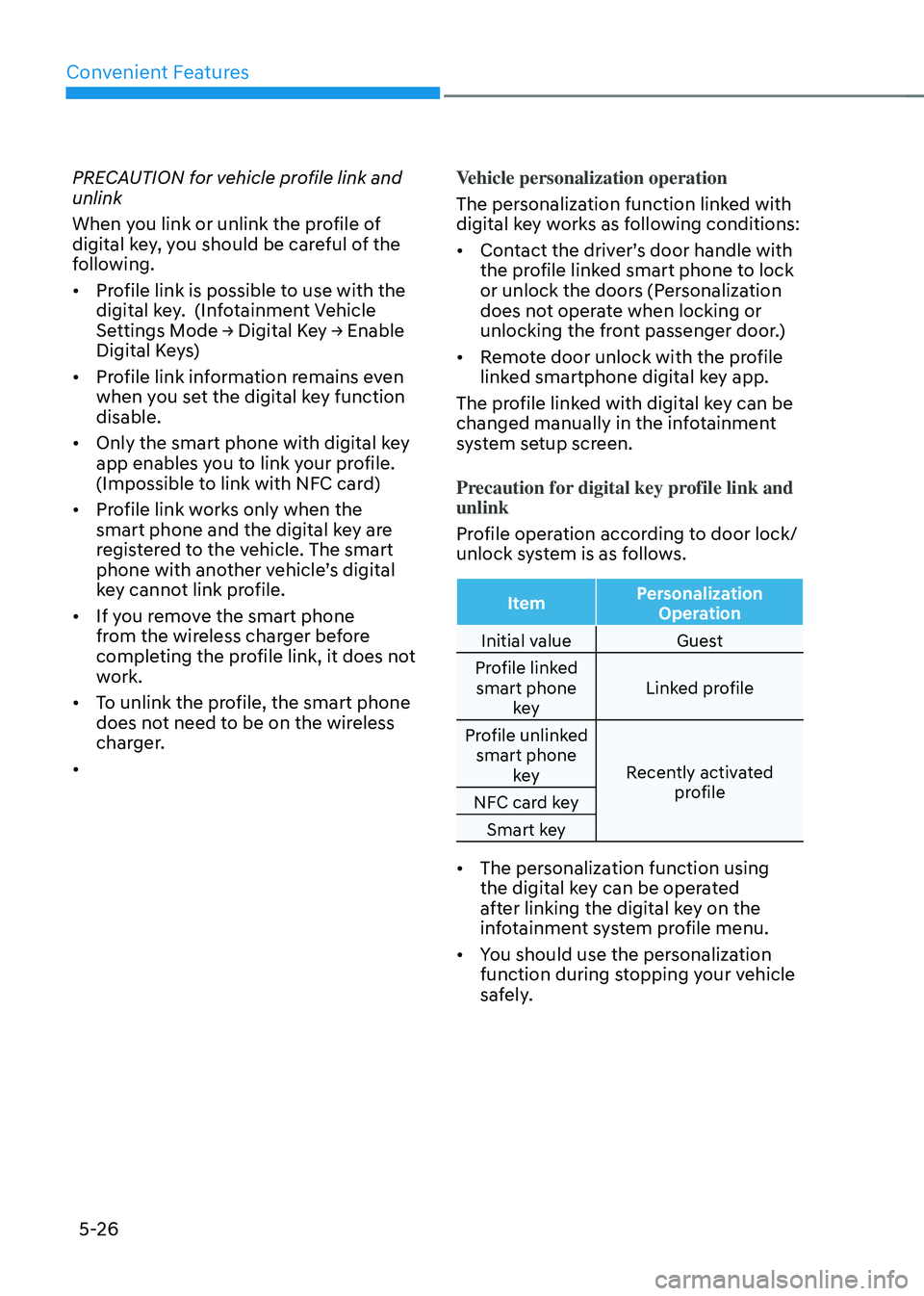 HYUNDAI SONATA HYBRID 2021  Owners Manual Convenient Features
5-26
PRECAUTION for vehicle profile link and 
unlink
When you link or unlink the profile of 
digital key, you should be careful of the 
following.
•	Profile link is possible to u