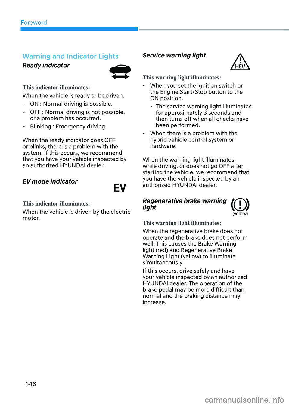 HYUNDAI SONATA HYBRID 2021  Owners Manual Foreword
1-16
Warning and Indicator Lights
Ready indicator
This indicator illuminates:
When the vehicle is ready to be driven.
 -ON : Normal driving is possible.
 -OFF : Normal driving is not possible