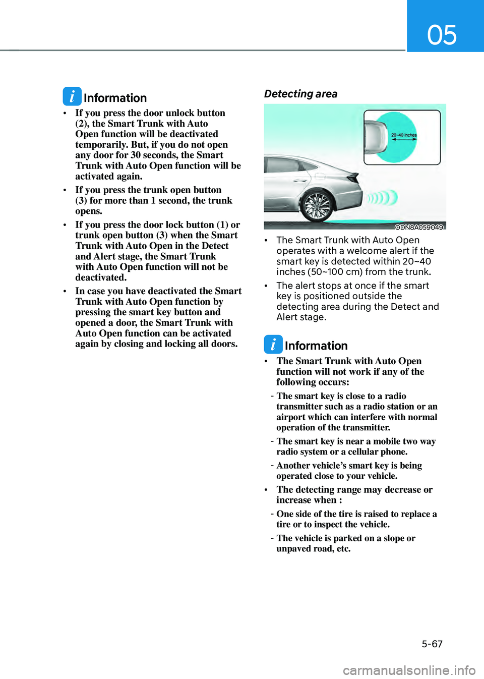 HYUNDAI SONATA HYBRID 2021  Owners Manual 05
5-67
 Information
•	If you press the door unlock button 
(2), the Smart Trunk with Auto 
Open function will be deactivated 
temporarily. But, if you do not open 
any door for 30 seconds, the Smar