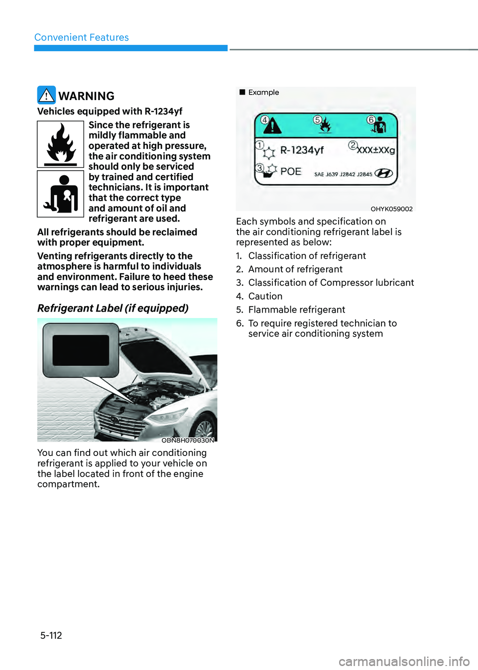 HYUNDAI SONATA HYBRID 2021  Owners Manual Convenient Features
5-112
 WARNING
Vehicles equipped with R-1234yf
Since the refrigerant is 
mildly flammable and 
operated at high pressure, 
the air conditioning system 
should only be serviced 
by 