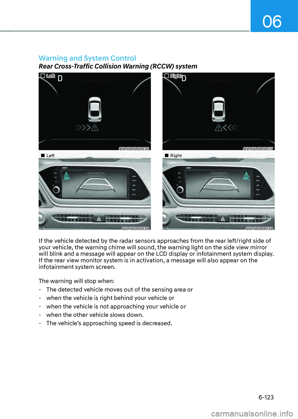 HYUNDAI SONATA HYBRID 2021  Owners Manual 06
6-123
If the vehicle detected by the radar sensors approaches from the rear left/right side of 
your vehicle, the warning chime will sound, the warning light on the side view mirror 
will blink and