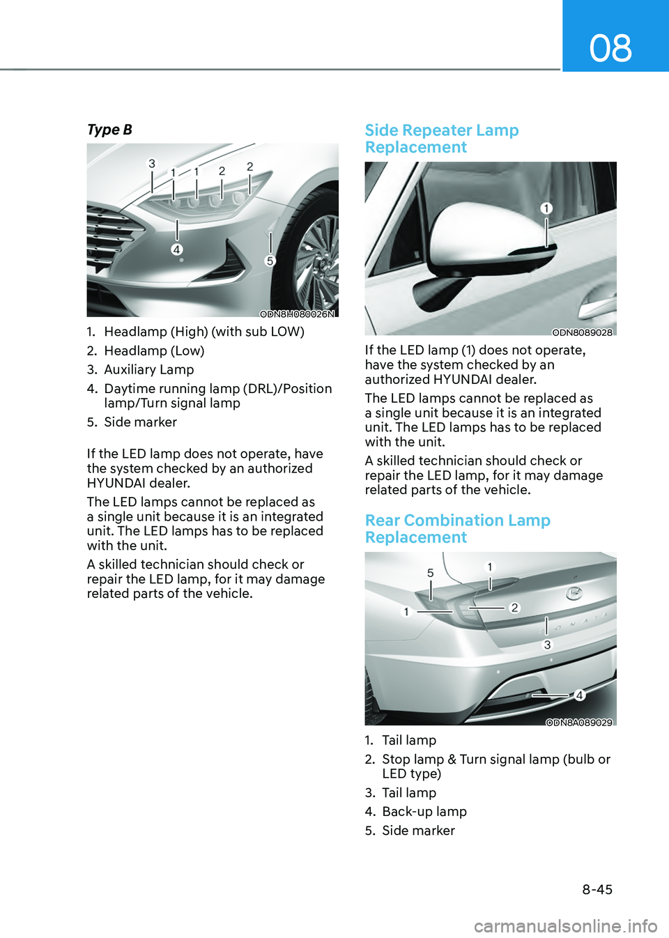 HYUNDAI SONATA HYBRID 2021  Owners Manual 08
8-45
Type B
ODN8H080026N
1. Headlamp (High) (with sub LOW)
2. Headlamp (Low)
3. Auxiliary Lamp
4. Daytime running lamp (DRL)/Position 
lamp/Turn signal lamp
5. Side marker
If the LED lamp does not 