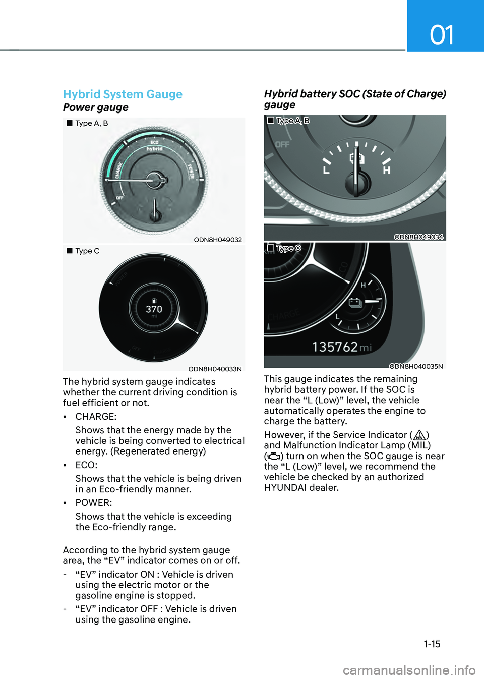 HYUNDAI SONATA HYBRID 2020 Owners Manual 01
1-15
Hybrid System Gauge
Power gauge
Type A, B
ODN8H049032
Type C
ODN8H040033N
The hybrid system gauge indicates
whether the current driving condition is
fuel efficient or HYUNDAI SONATA HYBRID 2020 Owners Manual 01
1-15
Hybrid System Gauge
Power gauge
Type A, B
ODN8H049032
Type C
ODN8H040033N
The hybrid system gauge indicates
whether the current driving condition is
fuel efficient or