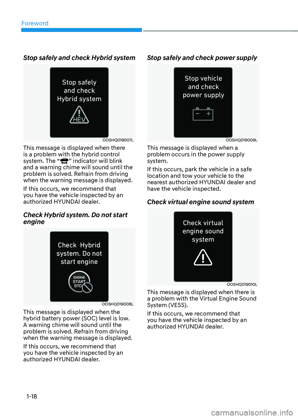 HYUNDAI SONATA HYBRID 2020 Owners Manual Foreword
1-18
Stop safely and check Hybrid system
OOSHQ019007L
This message is displayed when there
is a problem with the hybrid control
system. The “
” indicator will blink
and a warning chime HYUNDAI SONATA HYBRID 2020 Owners Manual Foreword
1-18
Stop safely and check Hybrid system
OOSHQ019007L
This message is displayed when there
is a problem with the hybrid control
system. The “
” indicator will blink
and a warning chime