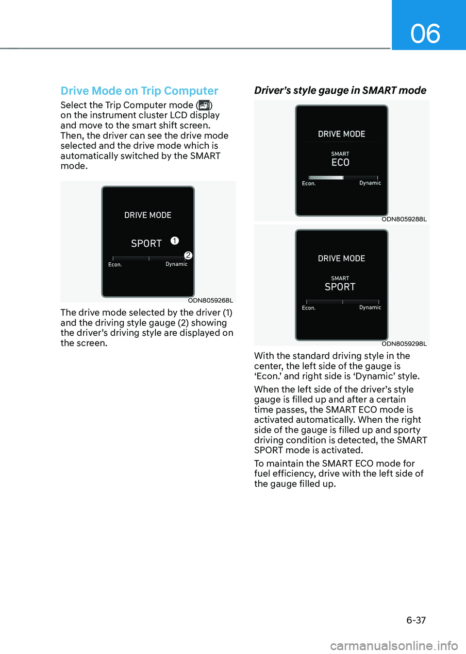 HYUNDAI SONATA HYBRID 2020  Owners Manual 06
6-37
Drive Mode on Trip Computer
Select the Trip Computer mode () 
on the instrument cluster LCD display 
and move to the smart shift screen. 
Then, the driver can see the drive mode 
selected and 
