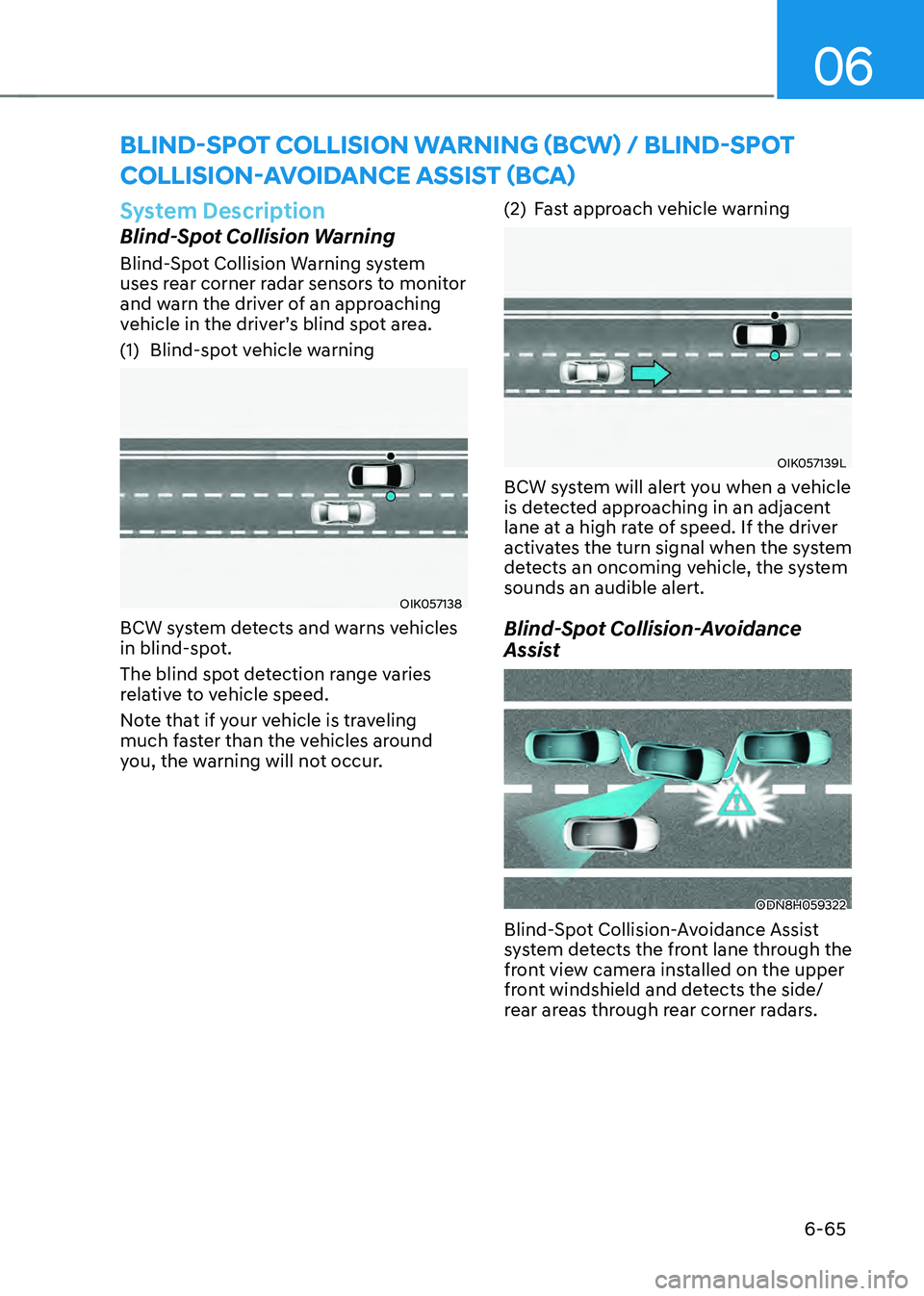 HYUNDAI SONATA HYBRID 2020  Owners Manual 06
6-65
System Description
Blind-Spot Collision Warning
Blind-Spot Collision Warning system 
uses rear corner radar sensors to monitor 
and warn the driver of an approaching 
vehicle in the driver’s