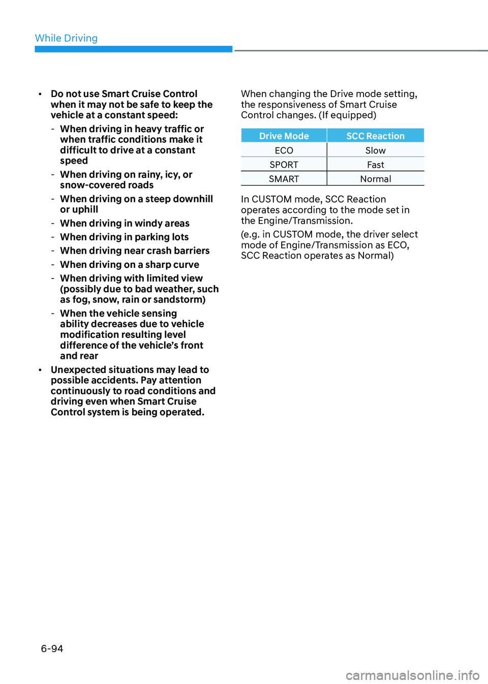 HYUNDAI SONATA HYBRID 2020 Owners Manual While Driving
6-94
• Do not use Smart Cruise Control
when it may not be safe to keep the
vehicle at a constant speed:
-When driving in heavy traffic or
when traffic conditions make it
difficult HYUNDAI SONATA HYBRID 2020 Owners Manual While Driving
6-94
• Do not use Smart Cruise Control
when it may not be safe to keep the
vehicle at a constant speed:
-When driving in heavy traffic or
when traffic conditions make it
difficult