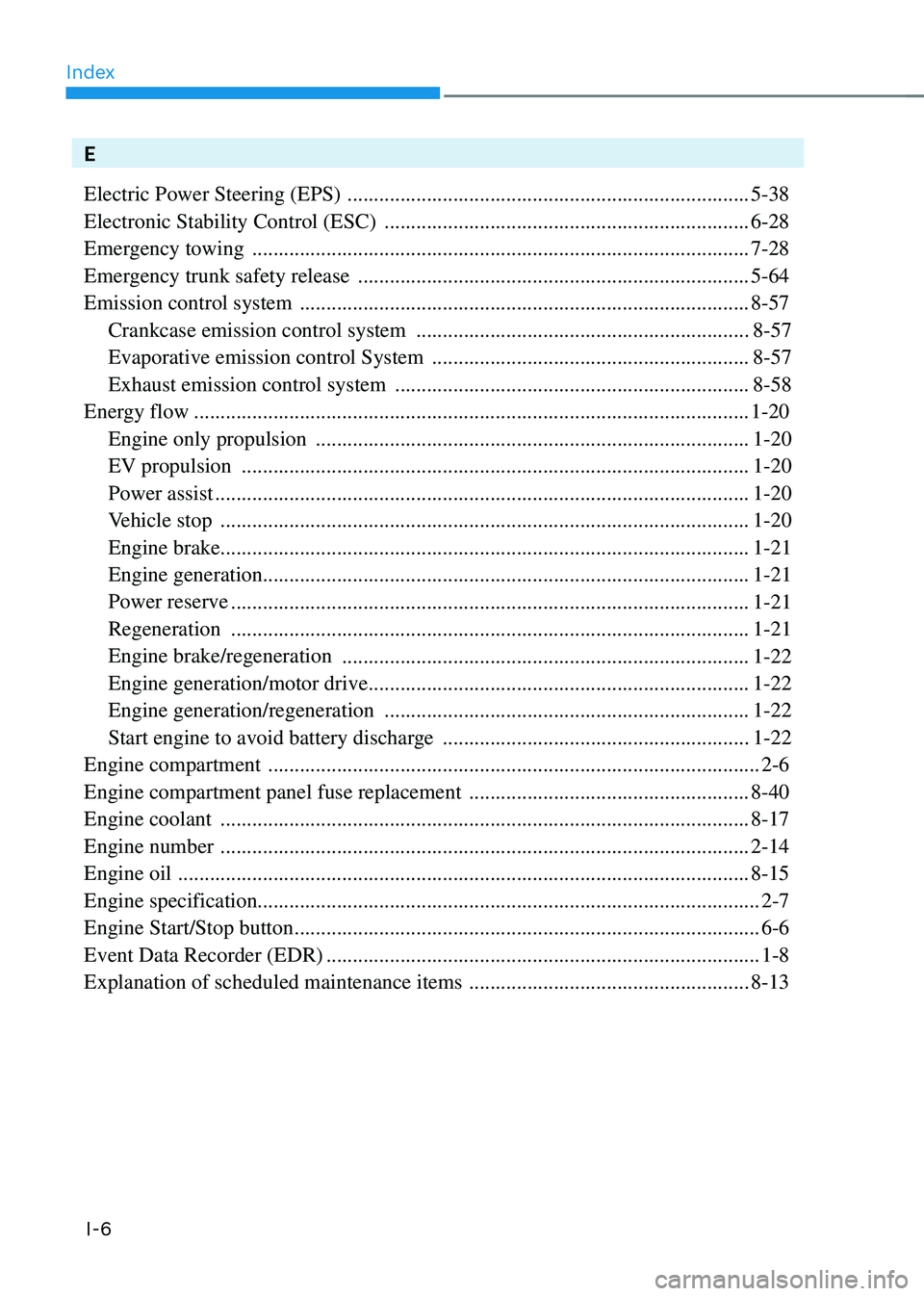 HYUNDAI SONATA HYBRID 2020 Owners Manual Index
I-6
E
Electric Power Steering (EPS)
........................................................................\
....5-38
Electronic Stability Control (ESC)
.................................... HYUNDAI SONATA HYBRID 2020 Owners Manual Index
I-6
E
Electric Power Steering (EPS)
........................................................................\
....5-38
Electronic Stability Control (ESC)
....................................